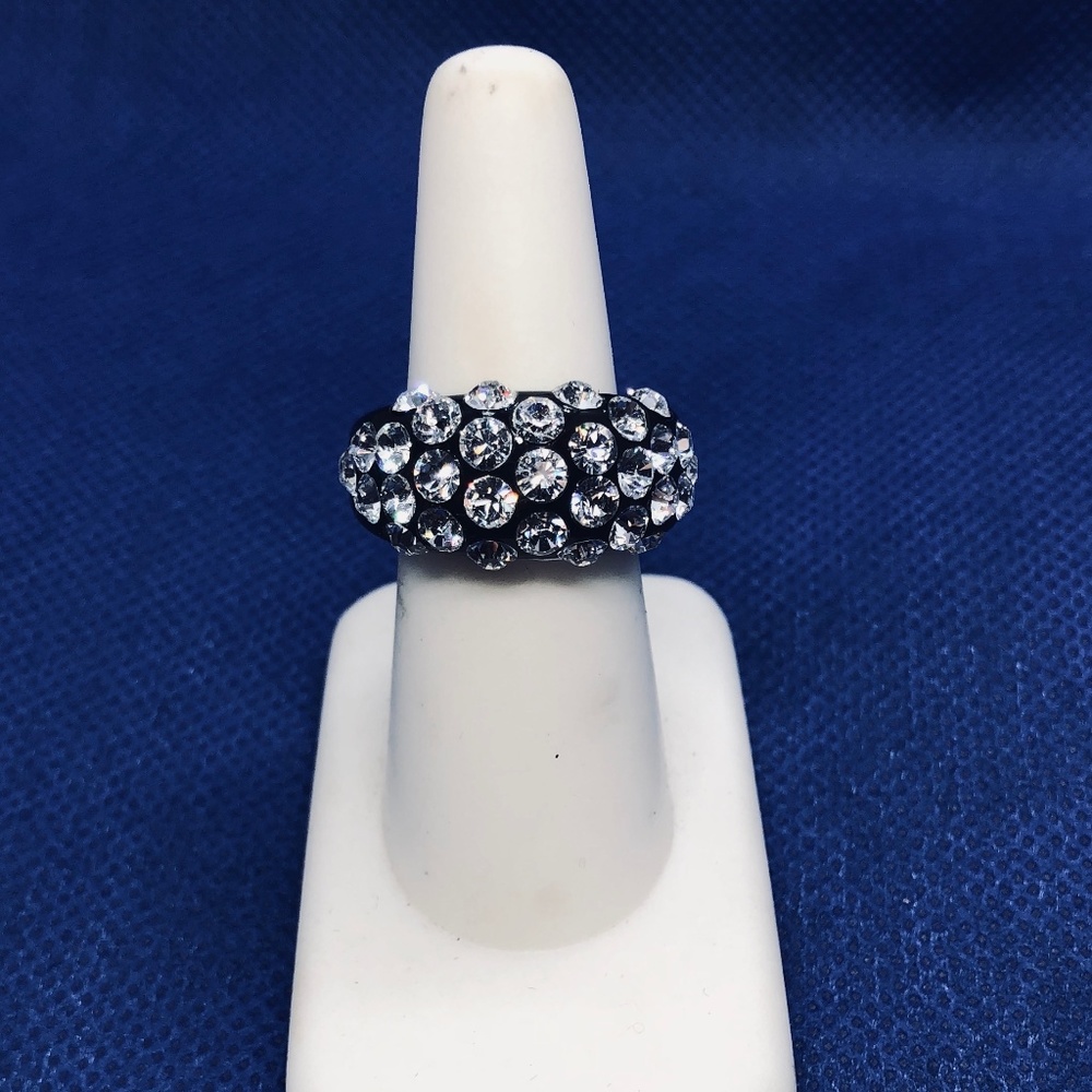 Black lucite and Swarovski crystal cocktail ring